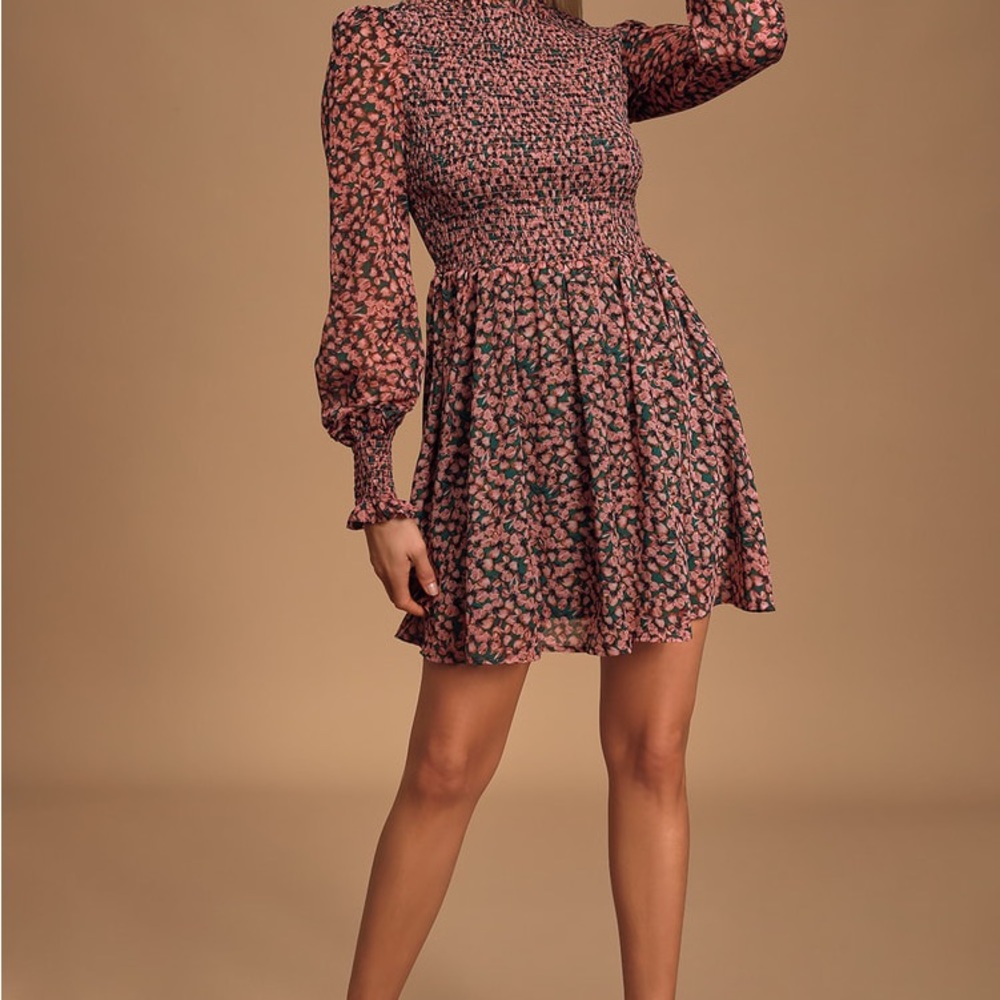 NWOT Floral Forever Green and Pink Floral Print Smocked Skater Dress